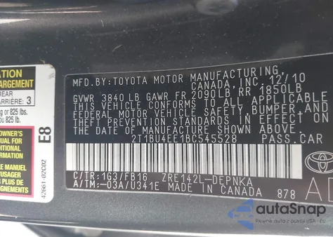 2011 Toyota Corolla Le from USA, damaged, VIN 2T1BU4EE1BC545528